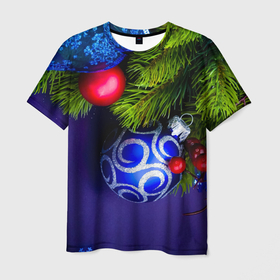Мужская футболка 3D с принтом Новый год ветка ели и ёлочный шар в Белгороде, 100% полиэфир | прямой крой, круглый вырез горловины, длина до линии бедер | 