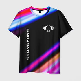 Мужская футболка 3D с принтом SsangYong speed lights , 100% полиэфир | прямой крой, круглый вырез горловины, длина до линии бедер | Тематика изображения на принте: 