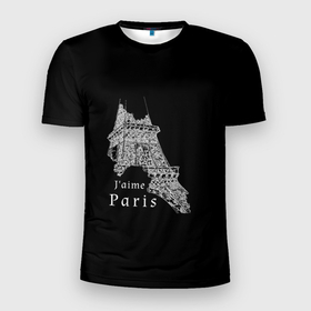 Мужская футболка 3D Slim с принтом Эйфелева башня и надпись Я люблю Париж на черном фоне , 100% полиэстер с улучшенными характеристиками | приталенный силуэт, круглая горловина, широкие плечи, сужается к линии бедра | Тематика изображения на принте: 