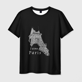 Мужская футболка 3D с принтом Эйфелева башня и надпись Я люблю Париж на черном фоне , 100% полиэфир | прямой крой, круглый вырез горловины, длина до линии бедер | 