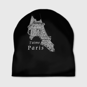 Шапка 3D с принтом Эйфелева башня и надпись Я люблю Париж на черном фоне в Петрозаводске, 100% полиэстер | универсальный размер, печать по всей поверхности изделия | 