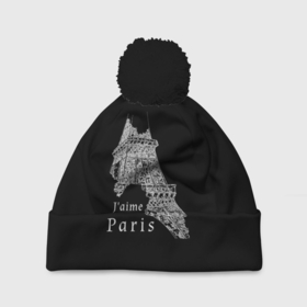 Шапка 3D c помпоном с принтом Эйфелева башня и надпись Я люблю Париж на черном фоне в Белгороде, 100% полиэстер | универсальный размер, печать по всей поверхности изделия | 