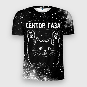 Мужская футболка 3D Slim с принтом Группа Сектор Газа и рок кот в Новосибирске, 100% полиэстер с улучшенными характеристиками | приталенный силуэт, круглая горловина, широкие плечи, сужается к линии бедра | 