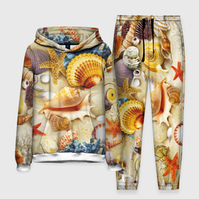 Мужской костюм 3D (с толстовкой) с принтом Морские звёзды, кораллы и раковины ,  |  | Тематика изображения на принте: 