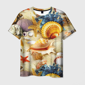 Мужская футболка 3D с принтом Морские звёзды, кораллы и раковины в Курске, 100% полиэфир | прямой крой, круглый вырез горловины, длина до линии бедер | 