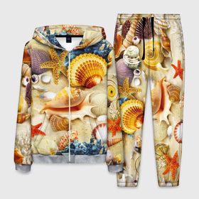 Мужской костюм 3D с принтом Морские звёзды, кораллы и раковины в Кировске, 100% полиэстер | Манжеты и пояс оформлены тканевой резинкой, двухслойный капюшон со шнурком для регулировки, карманы спереди | 