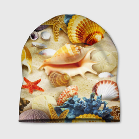 Шапка 3D с принтом Морские звёзды, кораллы и раковины в Кировске, 100% полиэстер | универсальный размер, печать по всей поверхности изделия | 