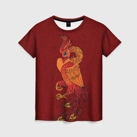 Женская футболка 3D с принтом Огненный Феникс на красном фоне Символ Возрождения , 100% полиэфир ( синтетическое хлопкоподобное полотно) | прямой крой, круглый вырез горловины, длина до линии бедер | 