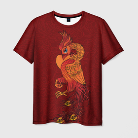 Мужская футболка 3D с принтом Огненный Феникс на красном фоне Символ Возрождения в Петрозаводске, 100% полиэфир | прямой крой, круглый вырез горловины, длина до линии бедер | Тематика изображения на принте: 