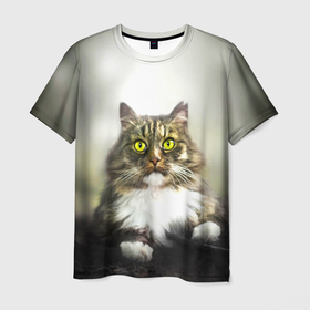 Мужская футболка 3D с принтом Усатый кот в Новосибирске, 100% полиэфир | прямой крой, круглый вырез горловины, длина до линии бедер | 