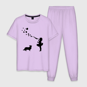 Мужская пижама хлопок с принтом Девочка с мыльными пузырями и корги в Тюмени, 100% хлопок | брюки и футболка прямого кроя, без карманов, на брюках мягкая резинка на поясе и по низу штанин
 | 