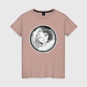 Женская футболка хлопок с принтом Ахегао девушка улыбается в Курске, 100% хлопок | прямой крой, круглый вырез горловины, длина до линии бедер, слегка спущенное плечо | 