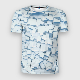 Мужская футболка 3D Slim с принтом Множество белых кубов в абстракции в Екатеринбурге, 100% полиэстер с улучшенными характеристиками | приталенный силуэт, круглая горловина, широкие плечи, сужается к линии бедра | 