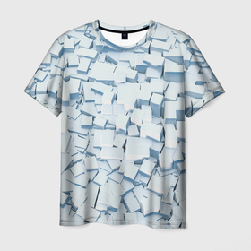 Мужская футболка 3D с принтом Множество белых кубов в абстракции в Екатеринбурге, 100% полиэфир | прямой крой, круглый вырез горловины, длина до линии бедер | 