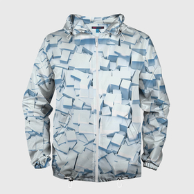Мужская ветровка 3D с принтом Множество белых кубов в абстракции в Екатеринбурге, 100% полиэстер | подол и капюшон оформлены резинкой с фиксаторами, два кармана без застежек по бокам, один потайной карман на груди | 
