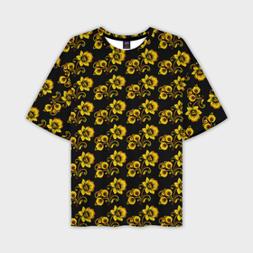 Мужская футболка OVERSIZE 3D с принтом Хохломская роспись цветы на чёрном фоне в Курске,  |  | 