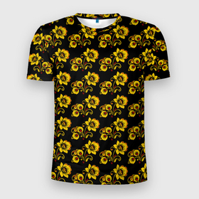 Мужская футболка 3D Slim с принтом Хохломская роспись цветы на чёрном фоне в Тюмени, 100% полиэстер с улучшенными характеристиками | приталенный силуэт, круглая горловина, широкие плечи, сужается к линии бедра | 
