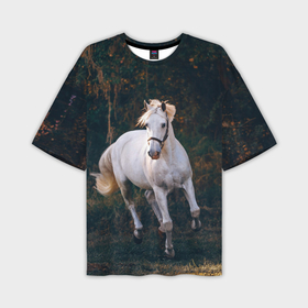 Мужская футболка OVERSIZE 3D с принтом Скачущая белая лошадь ,  |  | 