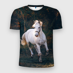 Мужская футболка 3D Slim с принтом Скачущая белая лошадь в Кировске, 100% полиэстер с улучшенными характеристиками | приталенный силуэт, круглая горловина, широкие плечи, сужается к линии бедра | 