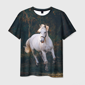 Мужская футболка 3D с принтом Скачущая белая лошадь в Белгороде, 100% полиэфир | прямой крой, круглый вырез горловины, длина до линии бедер | 