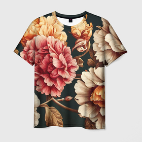 Мужская футболка 3D с принтом Цветы в стиле рококо , 100% полиэфир | прямой крой, круглый вырез горловины, длина до линии бедер | 