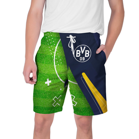 Мужские шорты 3D с принтом Borussia football field в Санкт-Петербурге,  полиэстер 100% | прямой крой, два кармана без застежек по бокам. Мягкая трикотажная резинка на поясе, внутри которой широкие завязки. Длина чуть выше колен | Тематика изображения на принте: 