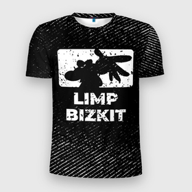 Мужская футболка 3D Slim с принтом Limp Bizkit с потертостями на темном фоне в Кировске, 100% полиэстер с улучшенными характеристиками | приталенный силуэт, круглая горловина, широкие плечи, сужается к линии бедра | 