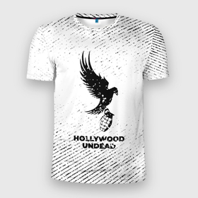 Мужская футболка 3D Slim с принтом Hollywood Undead с потертостями на светлом фоне в Екатеринбурге, 100% полиэстер с улучшенными характеристиками | приталенный силуэт, круглая горловина, широкие плечи, сужается к линии бедра | 