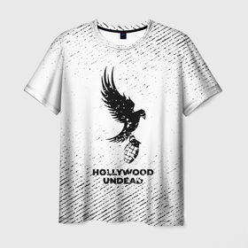 Мужская футболка 3D с принтом Hollywood Undead с потертостями на светлом фоне в Екатеринбурге, 100% полиэфир | прямой крой, круглый вырез горловины, длина до линии бедер | 