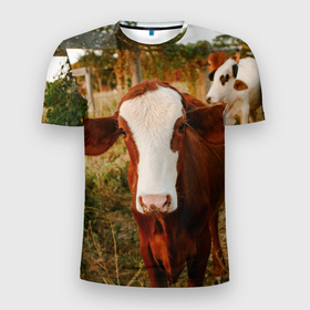 Мужская футболка 3D Slim с принтом Милая коровка в Санкт-Петербурге, 100% полиэстер с улучшенными характеристиками | приталенный силуэт, круглая горловина, широкие плечи, сужается к линии бедра | 