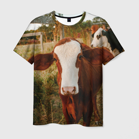 Мужская футболка 3D с принтом Милая коровка в Санкт-Петербурге, 100% полиэфир | прямой крой, круглый вырез горловины, длина до линии бедер | 