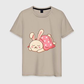 Мужская футболка хлопок с принтом Спящий кролик в Петрозаводске, 100% хлопок | прямой крой, круглый вырез горловины, длина до линии бедер, слегка спущенное плечо. | Тематика изображения на принте: 