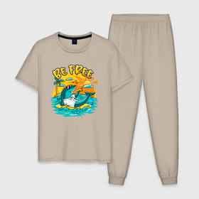 Мужская пижама хлопок с принтом Акула серфингист будь свободным в Петрозаводске, 100% хлопок | брюки и футболка прямого кроя, без карманов, на брюках мягкая резинка на поясе и по низу штанин
 | 