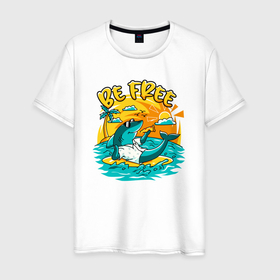 Мужская футболка хлопок с принтом Акула серфингист будь свободным в Екатеринбурге, 100% хлопок | прямой крой, круглый вырез горловины, длина до линии бедер, слегка спущенное плечо. | 