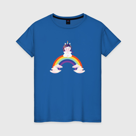 Женская футболка хлопок с принтом Единорог выполняет упражнения йоги на радуге , 100% хлопок | прямой крой, круглый вырез горловины, длина до линии бедер, слегка спущенное плечо | 