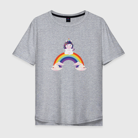 Мужская футболка хлопок Oversize с принтом Единорог выполняет упражнения йоги на радуге в Новосибирске, 100% хлопок | свободный крой, круглый ворот, “спинка” длиннее передней части | 