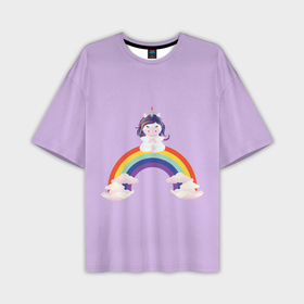 Мужская футболка OVERSIZE 3D с принтом Единорог в позе лотоса на радуге в Кировске,  |  | 