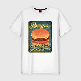 Мужская футболка хлопок Slim с принтом Burgers   Made fresh daily , 92% хлопок, 8% лайкра | приталенный силуэт, круглый вырез ворота, длина до линии бедра, короткий рукав | 