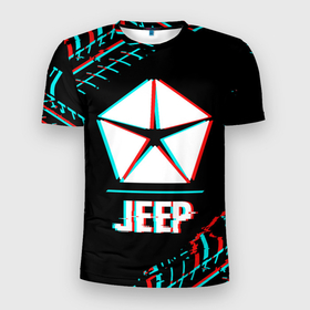 Мужская футболка 3D Slim с принтом Значок Jeep в стиле glitch на темном фоне в Санкт-Петербурге, 100% полиэстер с улучшенными характеристиками | приталенный силуэт, круглая горловина, широкие плечи, сужается к линии бедра | 