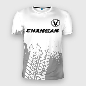 Мужская футболка 3D Slim с принтом Changan speed на светлом фоне со следами шин: символ сверху в Екатеринбурге, 100% полиэстер с улучшенными характеристиками | приталенный силуэт, круглая горловина, широкие плечи, сужается к линии бедра | 