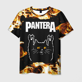 Мужская футболка 3D с принтом Pantera рок кот и огонь в Белгороде, 100% полиэфир | прямой крой, круглый вырез горловины, длина до линии бедер | 