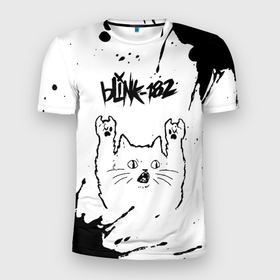 Мужская футболка 3D Slim с принтом Blink 182 рок кот на светлом фоне в Курске, 100% полиэстер с улучшенными характеристиками | приталенный силуэт, круглая горловина, широкие плечи, сужается к линии бедра | 