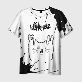 Мужская футболка 3D с принтом Blink 182 рок кот на светлом фоне в Курске, 100% полиэфир | прямой крой, круглый вырез горловины, длина до линии бедер | 