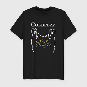 Мужская футболка хлопок Slim с принтом Coldplay rock cat в Новосибирске, 92% хлопок, 8% лайкра | приталенный силуэт, круглый вырез ворота, длина до линии бедра, короткий рукав | 