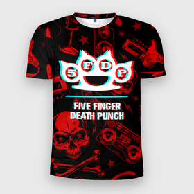 Мужская футболка 3D Slim с принтом Five Finger Death Punch rock glitch в Новосибирске, 100% полиэстер с улучшенными характеристиками | приталенный силуэт, круглая горловина, широкие плечи, сужается к линии бедра | 