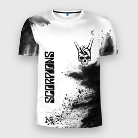Мужская футболка 3D Slim с принтом Scorpions и рок символ на светлом фоне , 100% полиэстер с улучшенными характеристиками | приталенный силуэт, круглая горловина, широкие плечи, сужается к линии бедра | 