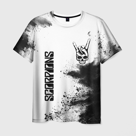 Мужская футболка 3D с принтом Scorpions и рок символ на светлом фоне в Кировске, 100% полиэфир | прямой крой, круглый вырез горловины, длина до линии бедер | 
