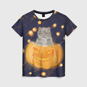 Женская футболка 3D с принтом Котик в тыкве, хеллоуин в Белгороде, 100% полиэфир ( синтетическое хлопкоподобное полотно) | прямой крой, круглый вырез горловины, длина до линии бедер | 