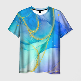 Мужская футболка 3D с принтом Абстракция в разных оттенках синего с золотыми нитями в Курске, 100% полиэфир | прямой крой, круглый вырез горловины, длина до линии бедер | Тематика изображения на принте: 