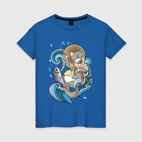 Женская футболка хлопок с принтом кот рыбак , 100% хлопок | прямой крой, круглый вырез горловины, длина до линии бедер, слегка спущенное плечо | 